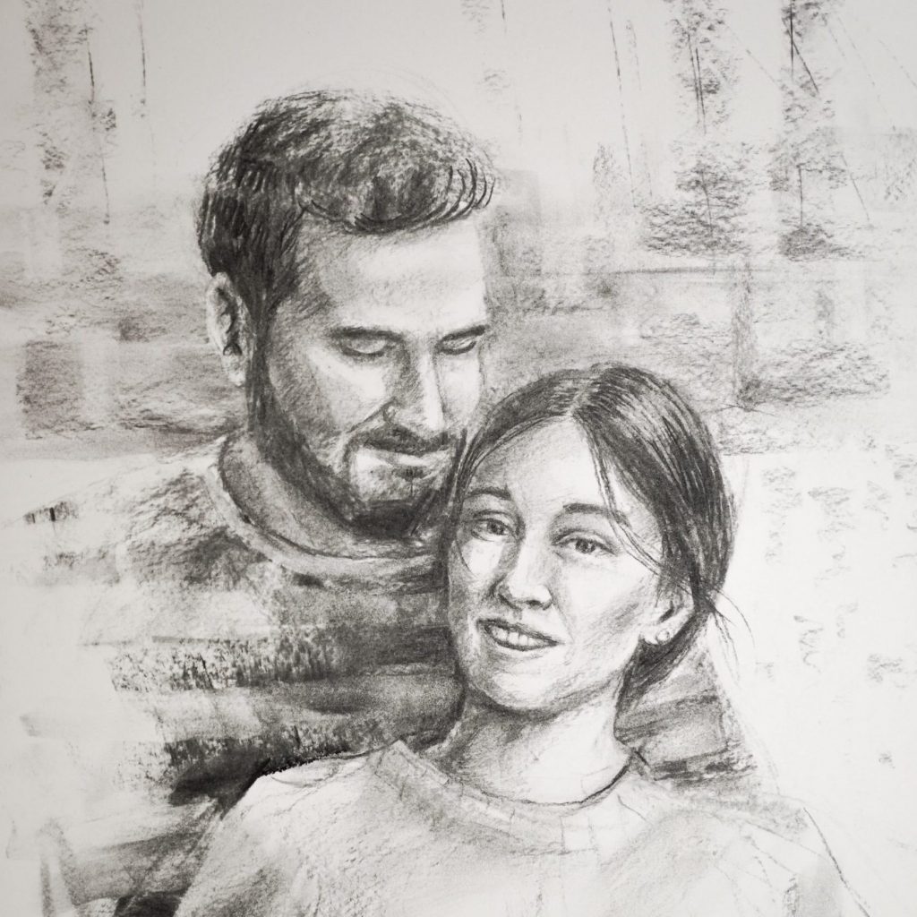 Hochzeitsportrait, Auftragsmalerei, Kohlezeichnung